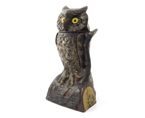 An American wise old owl cast iron mechanical money bank, J. &amp; E. Stevens Co, circa 1890, modelled as an owl with turning