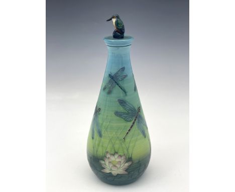 Sally Tuffin for Dennis China Works, a kingfisher flask and cover, tear drop form, 2006, modelling by Alan Pepper, marked No.