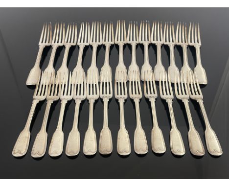 A part canteen of Victorian silver flatware, Elizabeth Eaton, London 1846, Fiddle and Thread pattern, including twelve desser