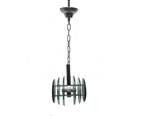 A 20th Century pendant light fitting in the manner of Gio Ponti and Max Ingrand, comprising clear and black glass discs, chro