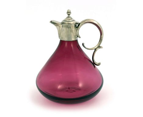 A Victorian silver mounted ruby glass claret jug, John Round &amp; Son, Sheffield 1897, squat form with hinged lid, acorn fin