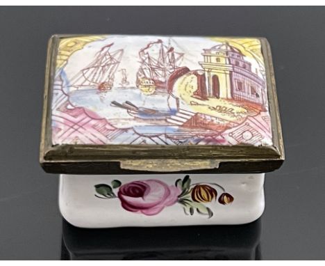 A Bilston enamelled patch box, circa 1785, cuboid form, the cushioned lid decorated with a Claudian port scene, painted flora