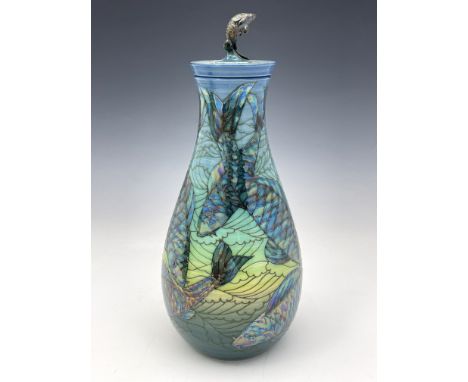 Sally Tuffin for Dennis China Works, a lustred Carp M flask and cover, tear drop form, 2008 No.2 of 20, modelling by Alan Pep