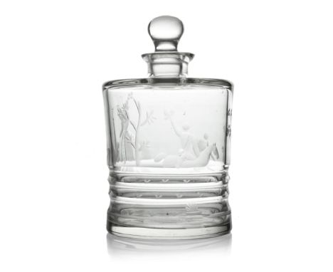 An Art Deco etched and cut glass decanter or scent bottle, circa 1925, waisted cylindrical drum form, fluted to the lower sec