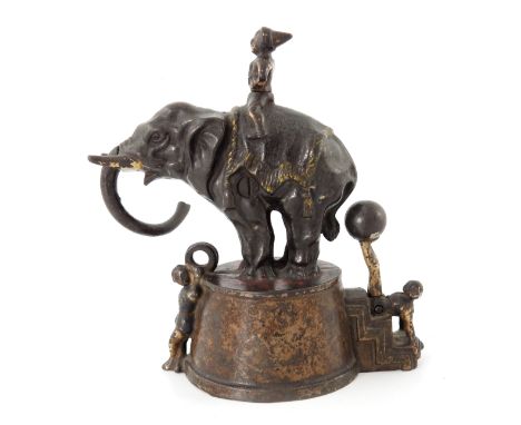 An American cast iron mechanical money bank, J. &amp; E. Stevens Co, circa 1882, modelled as a circus elephant and clowns on 