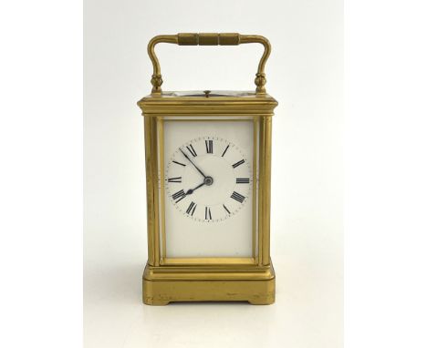 Henry Jacot, a French gilt brass carriage repeat clock, jewelled lever escapement, signed to the back plate, white enamelled 