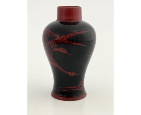 Bernard Moore, a Flambe vase, circa 1915, inverse baluster form, decorated with geese in flight, between bands of stylised cl