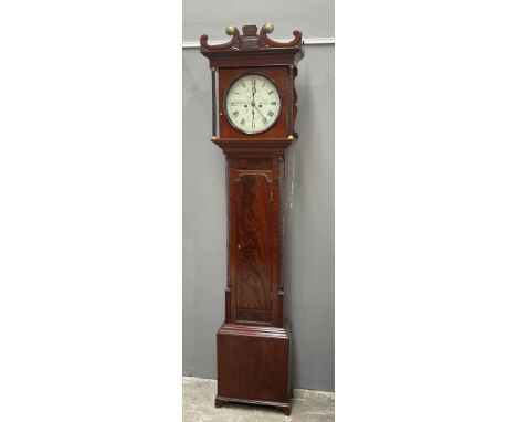 Sutherland, Elgin, a 19th Century Scottish flame mahogany longcase clock, pediment hood, circular painted dial with Roman num