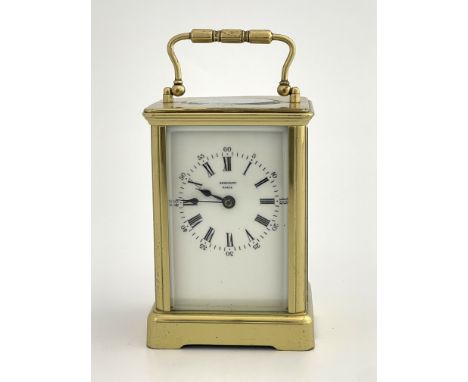 Alfred Drocourt, a French gilt brass carriage clock, jewelled lever escapement, white enamelled dial, signed to the plate, 15
