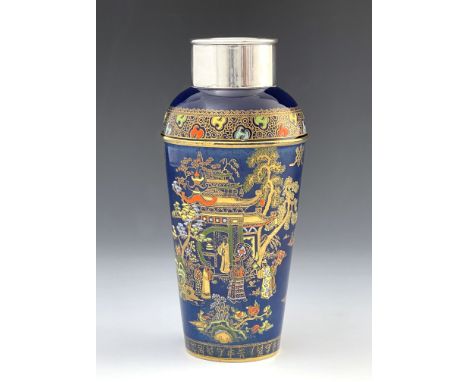 Carlton Ware, probably for Alfred Dunhill, an Art Deco Chinoiserie Bleu Royale cocktail shaker, circa 1930, shouldered form, 