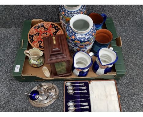 Box of miscellaneous items to include Sewills mantle clock, silver plated cruet set, Masons jug etc