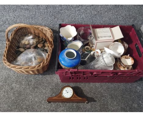 Miscellaneous ceramics and glass to include Ringtons, Royal Albert etc, spa pebbles, and an inlaid mahogany mantle clock.