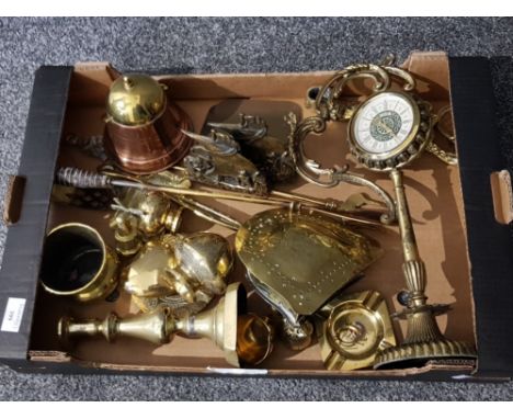 Box of mixed brass items part fire companion set, candlestick etc also includes brass timepiece etc