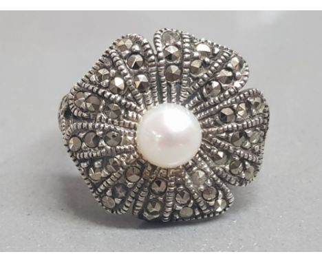 Silver and marcasite ring with centre pearl, 4.8g gross, size K½