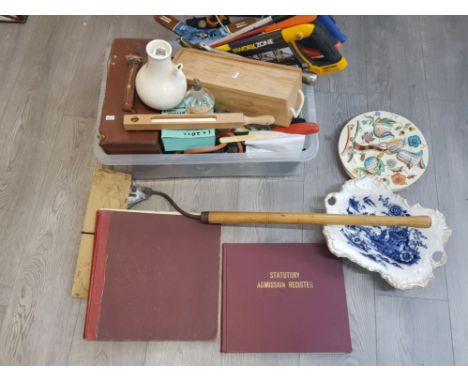 Tools to include saws, scythe, together with boules, registers, ceramics etc.