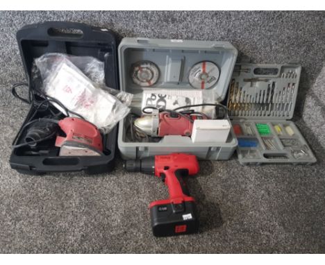 A Power Drill angle grinder and sander, together with a tesco 9.6v cordless drill and bits.