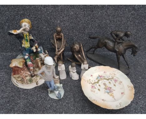 Capodimonte tramp group, Nao boy, three bronzed resin sculptures etc.