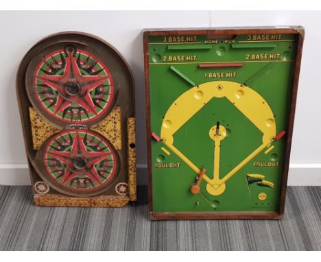 Vintage wooden framed tin baseball game Pennant Winner together with Lindstroms Gold Star bagatelle game