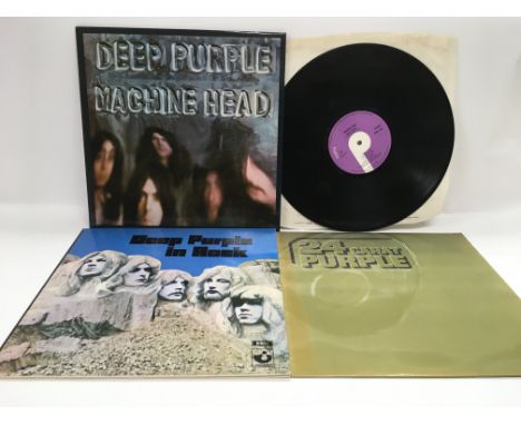 Three Deep Purple LPs comprising a first UK pressing of 'Machine Head', 'Deep Purple In Rock' and '24 Carat Purple'.