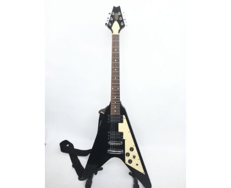 A Stagg flying V electric guitar in black with a white scratchplate. Comes supplied with a hard carry case.