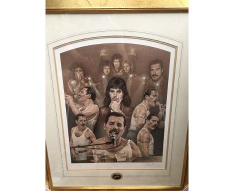 A framed and glazed limited edition print of Queen signed by the artist Stephen Doig titled 'The Show Must Go On', approx 66c