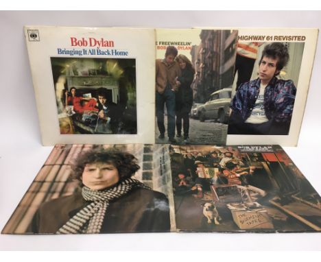 Five early UK pressings of Bob Dylan LPs. Deep scratch through side 2 of 'Highway 61', otherwise generally VG.