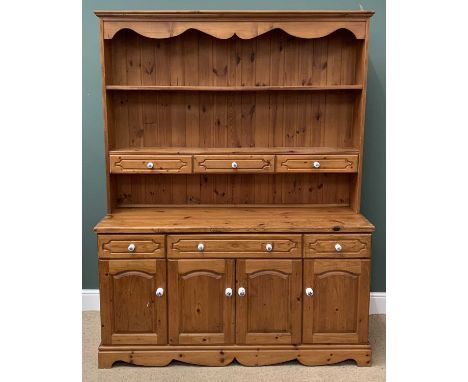 MODERN PINE FARMHOUSE TYPE DRESSER with ceramic knobs, 202cms H, 155cms W, 50cms D