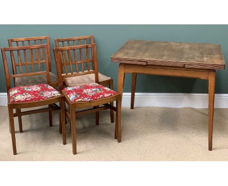 FOUR VINTAGE ERCOL CHAIRS - 82cms H, 46cms W, 36cms D and a possibly Ercol draw leaf table, 76cms H, 92cms W, 77cms D (153cms