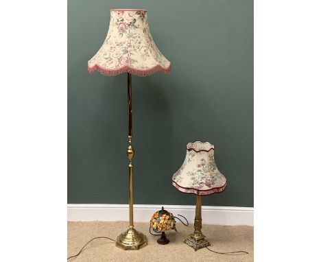 FURNISHING LAMPS - brass effect standard lamp with shade and octagonal base, reeded column table lamp and a Tiffany style tab