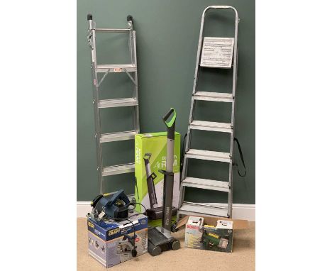 HOUSEHOLD ITEMS &amp; TOOLS to include stepladders, G-Tech cordless vacuum cleaner, bench grinder, circular saw ETC E/T