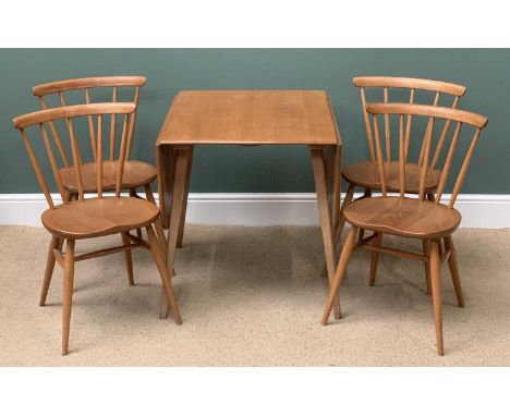 VINTAGE ERCOL LIGHT ELM TWIN FLAP DINING TABLE, 72cms H, 65cms W, (138cms open) 75cms D and a set of four Ercol curved spindl