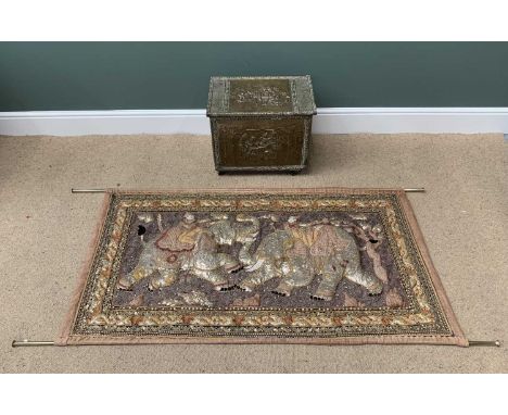 EASTERN TYPE WALL HANGING TAPESTRY with raised images of elephants and riders, 84 x 150cms and a repousse brass effect coal b