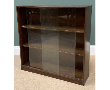 VINTAGE THREE SHELF BOOKCASE with sliding glazed doors by 'Phoenix of Charing Cross', 89cms H, 90cms W, 23cms D