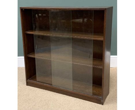 VINTAGE THREE SHELF BOOKCASE with sliding glazed doors by 'Phoenix of Charing Cross', 89cms H, 90cms W, 23cms D