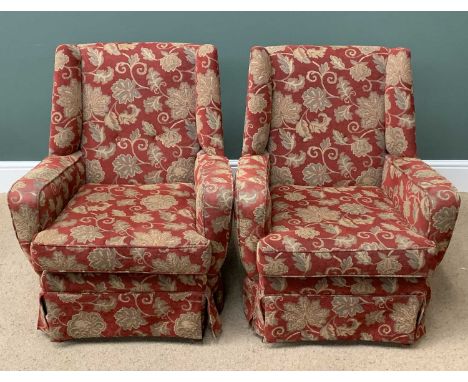 VINTAGE ARMCHAIRS, a pair, classically upholstered in red and gold