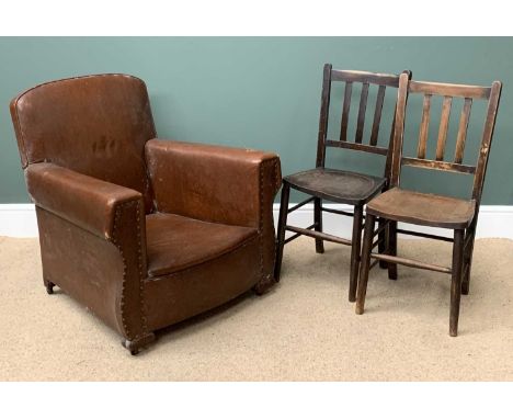 CLUB TYPE ARMCHAIR - vinyl covered, 81cm H, 80cms W, 58cms D and a near pair of vintage polished chairs, 86cms H, 36cms W, 33