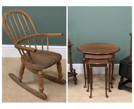 FURNITURE ASSORTMENT - child's vintage elm rocking chair, antique walnut corner floorstanding whatnot, oval topped nest of th