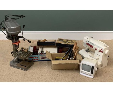 HILKA 13mm PILLAR DRILL, mitre saw, Stanley plough plane, excellent vintage wood chisels, sewing machine ETC E/T