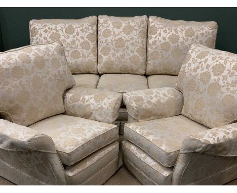 THREE PIECE LOUNGE SUITE - classically and recently re-upholstered, cream ground, comprising three seater sofa, 92cms H, 192c