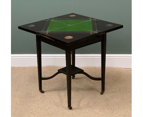 ANTIQUE MAHOGANY EBONIZED HANDKERCHIEF GAMES TABLE with baize top and lower shelf, 73cms H, 50cms W, 50cms D (closed)