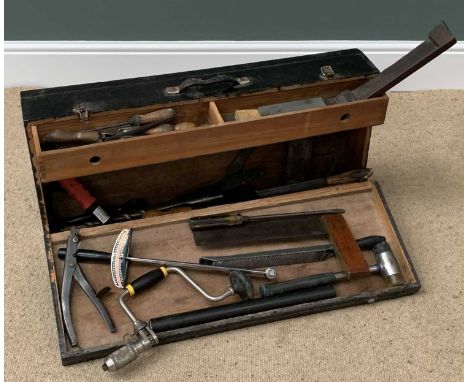 TOOLS - vintage carpenter's type toolbox with assorted contents, painted black, 40cms H, 80cms W, 16cms D