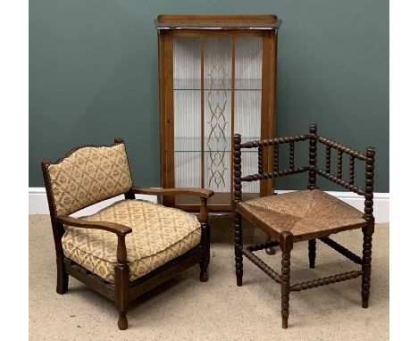 FURNITURE ASSORTMENT - Art Deco style china cabinet with single glazed door, 114cms H, 64cms W, 30cms D, a bobbin rush seated
