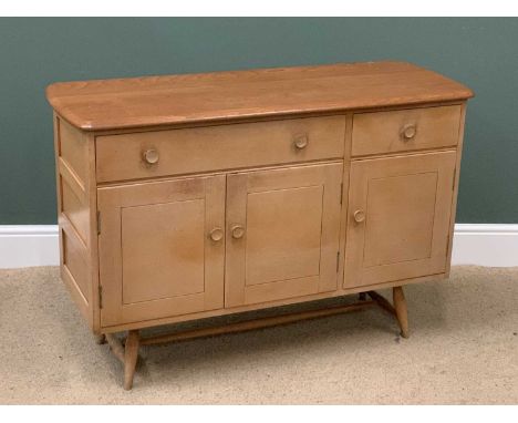 MID-CENTURY ERCOL SIDEBOARD, in light elm, having two drawers over three cupboard doors, 83cms H, 124cms W, 46cms D