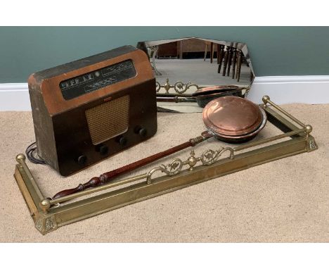 VINTAGE ITEMS to include Murphy radio, brass fender, shaped bevelled edge glass mirror and a long handled copper bedwarming p