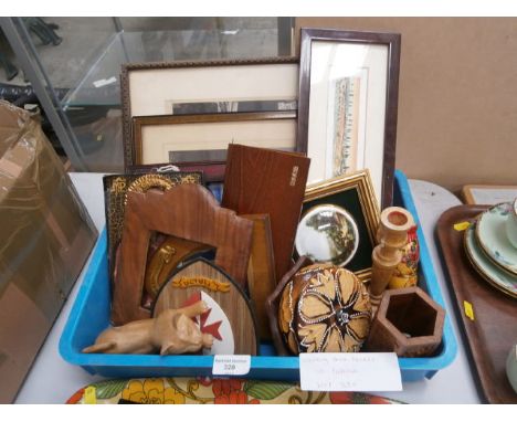 box of treen inc trinket pot and vintage walking stick handle