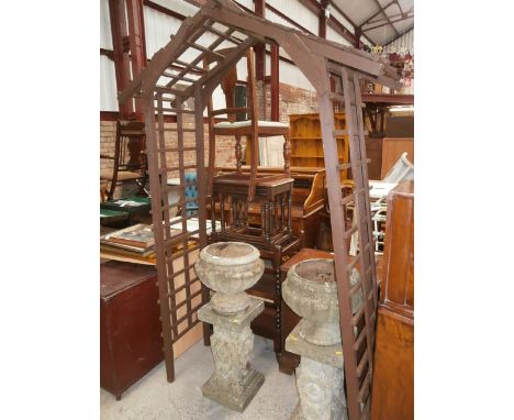 wooden garden arch and 2 stoneware ornaments