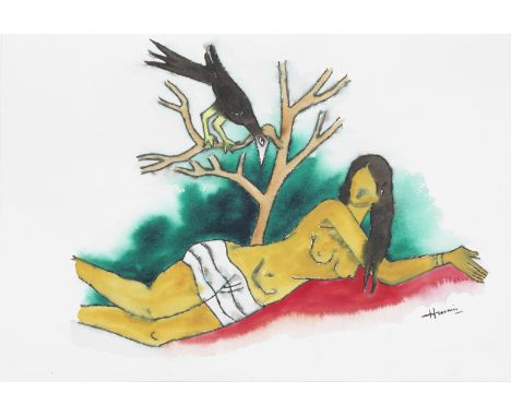 Maqbool Fida Husain (Indian, 1915-2011)Untitled (Woman with a crow) signed lower rightwatercolour on paper38 x 50.9cm (14 15/