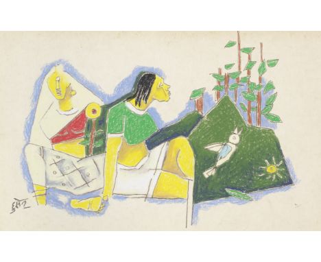 Maqbool Fida Husain (Indian, 1915-2011)Untitled (Seated women in a landscape) 2004oil pastel on card29 x 45.5cm (11 7/16 x 17