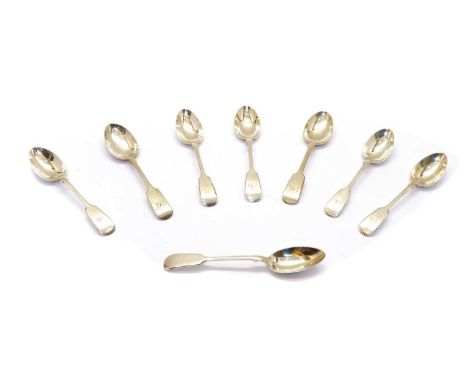 A set of six George III bright-cut teaspoons, by Hester Bateman, London 1786, a set of six modern fiddle pattern tea spoons, 