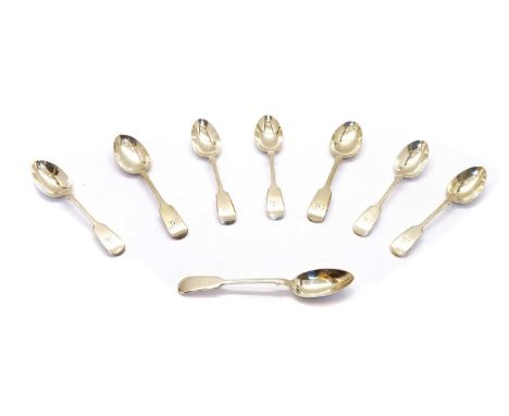 A set of six George III bright-cut teaspoons, by Hester Bateman, London 1786, a set of six modern fiddle pattern tea spoons, 